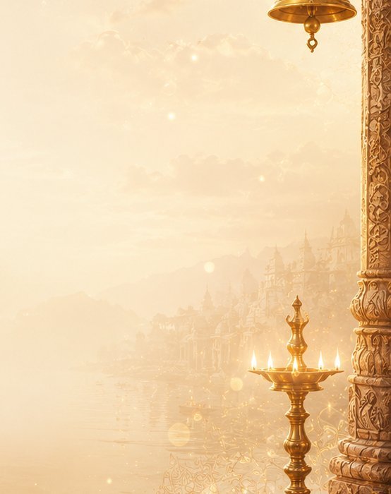 A lit brass diya beside a carved pillar at the ghats