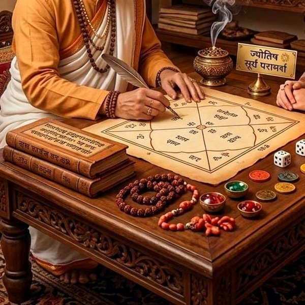 An astrologer drawing a kundli chart on paper across a carved wooden table