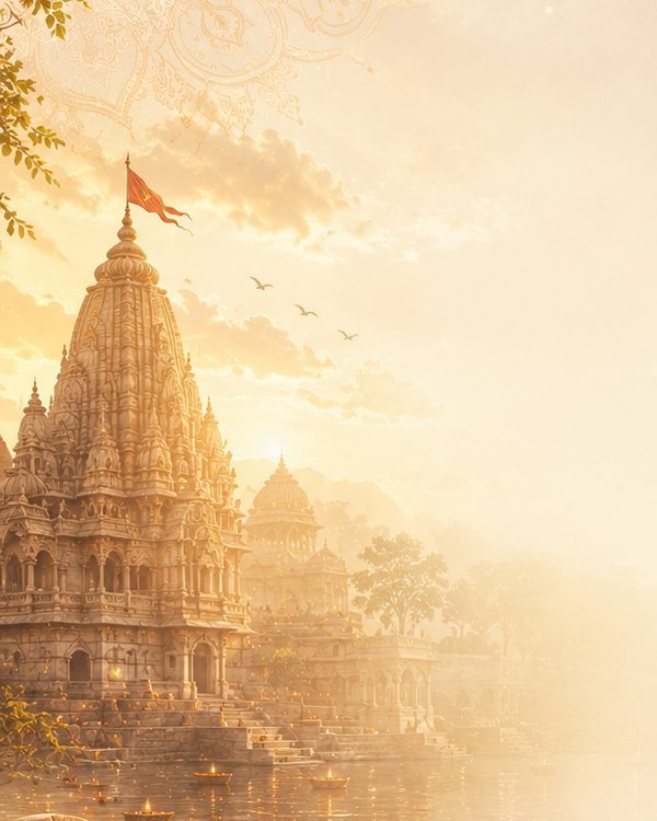 Sunrise over the carved sandstone spires of Shri Mahakal Dham