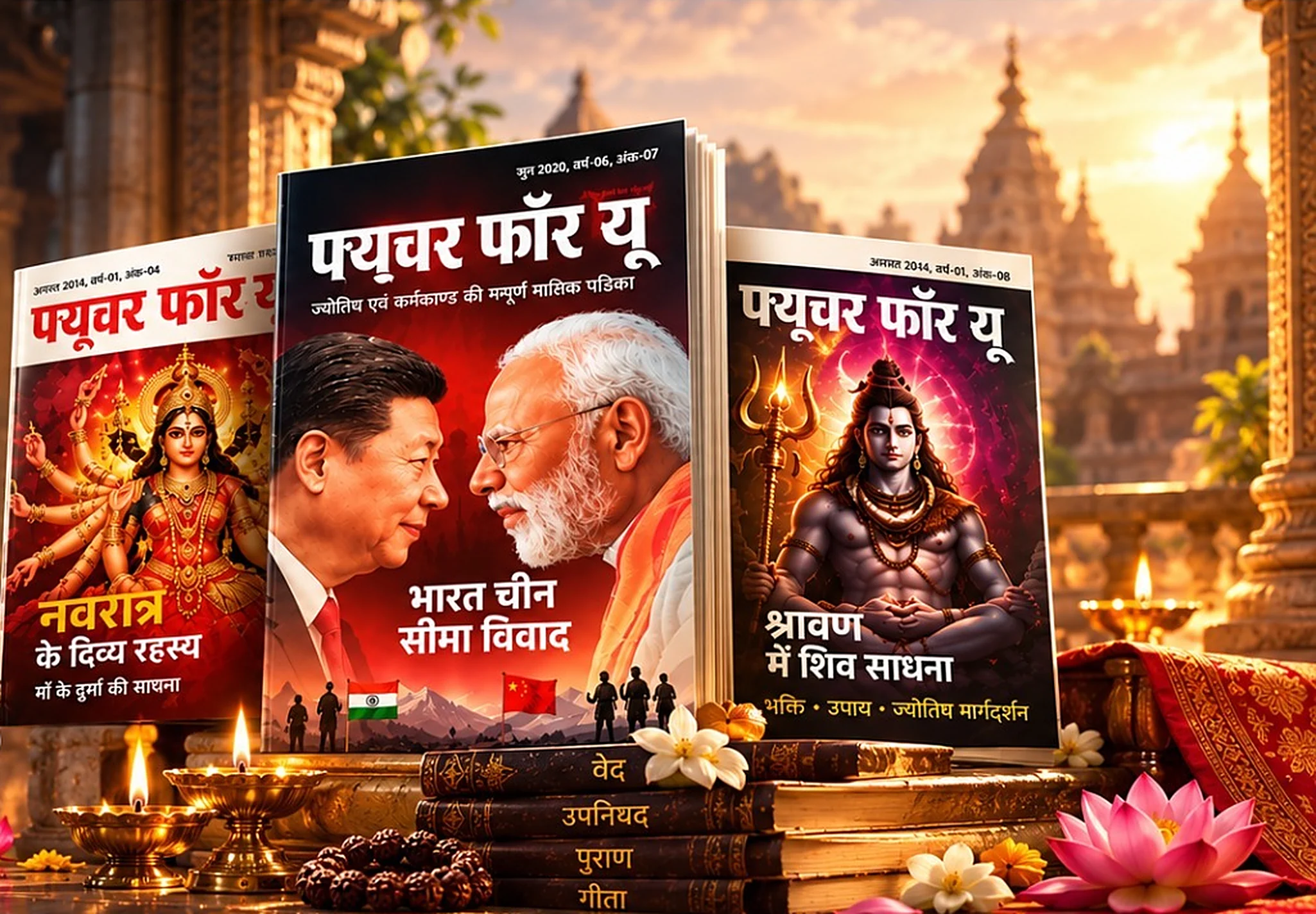 Future For You magazine issues with Vedas, Upanishads, Puranas and Gita, lit diyas and lotus flowers