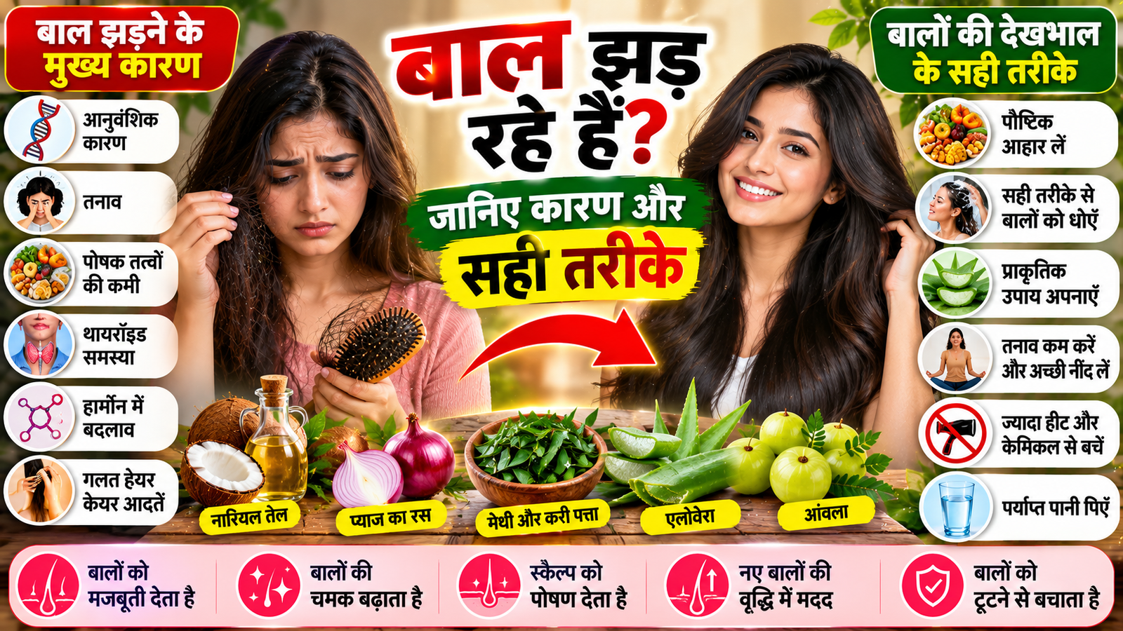 बाल झड़ रहे हैं? जानिए इसके कारण और बालों की देखभाल के सही तरीके